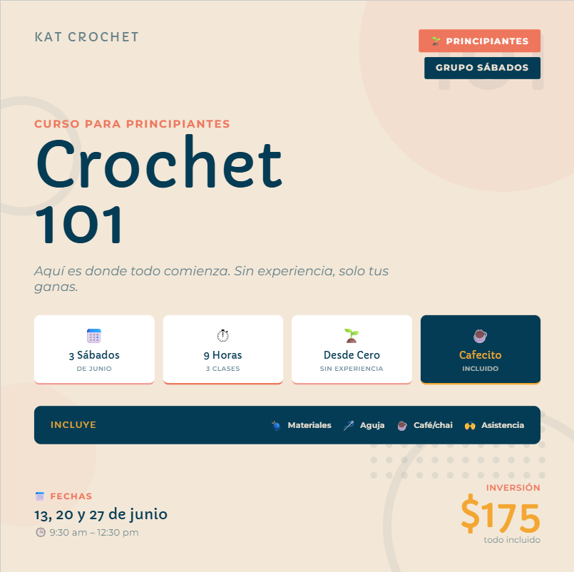 CROCHET 101 - CURSO PARA PRINCIPIANTES (SABADOS - JUNIO 2026)
